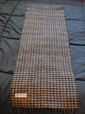Christian Dior Plaid Wool Fringe Long Scarf - Made in Italy